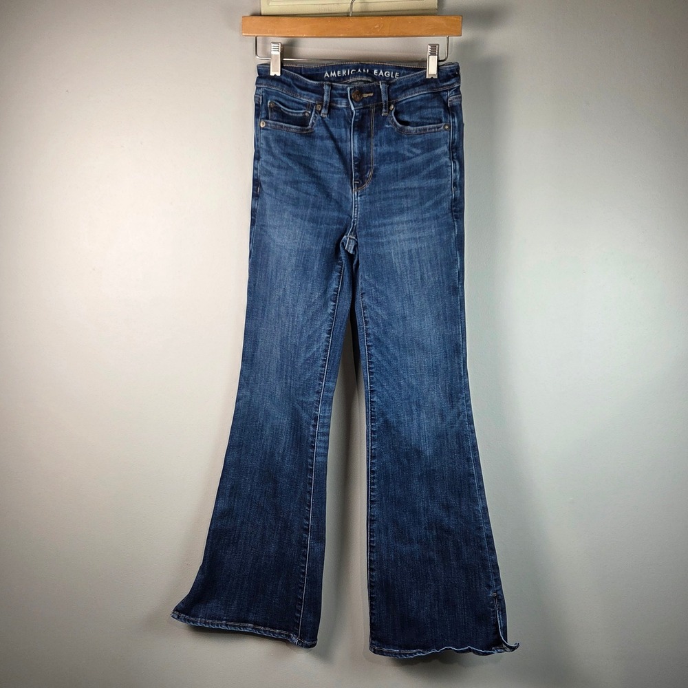 American Eagle Flare Jeans Women 4 Blue Excellent Super Hi-Rise Stretch Slit Hem